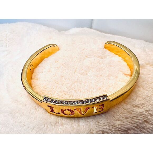 Gold Tone "Love" Affirmation Wide Bracelet with Crystals Costume Jewelry Buy 3/$ - Picture 3 of 6